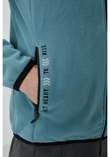 Tommy Life Mint Yeşili Yazı Nakışlı Dik Yaka Fermuarlı Standart Kalıp Erkek Sweatshirt Polar - 87992 Mint Yeşili