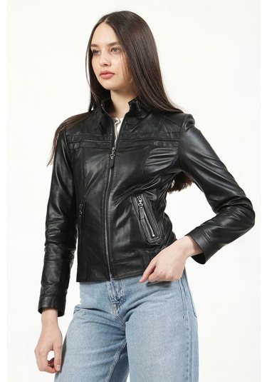 Dericlub Siena Kadın Slim Fit Hakiki Deri Mont Siyah Null Siyah