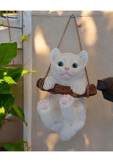 1 Adet Dekoratif Sallanan Duvar Ve Bahçe Süsü Kedi Beyaz