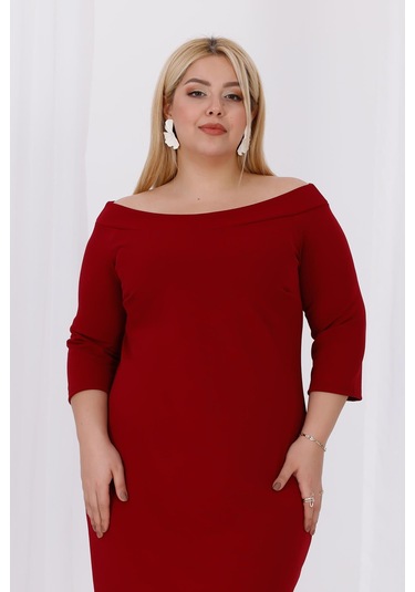 Kadın Bordo Carmen Yaka Truvakar Kol Büyük Beden Esnek Krep Elbise Bordo