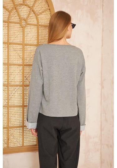 Kadın Ekstra Uzun Duble Kol / Yakası Yırtmaçlı Salaş Sweatshirt Bluz 3470190 Gri