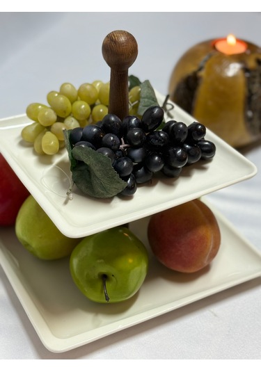 Aless 2 Katlı Tasarım Ahşap Porselen Sunumluk Meyvelik Çere