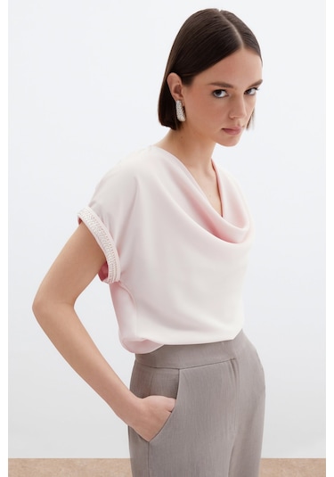 Sateen Kollar Taş Detaylı Salaş Bluz - Pudra-136465 Pudra