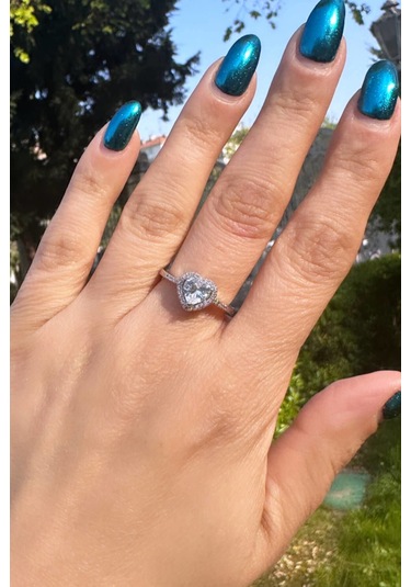 Taş Detaylı Kalp Yüzük - Gümüş Renk