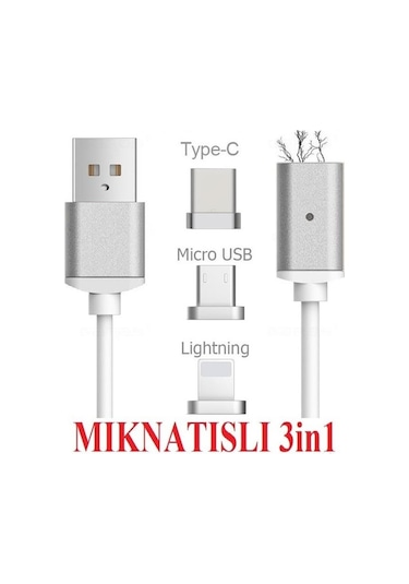 1 Metre Mıknatıslı 3 in 1 Manyetik Soket Şarj Kablosu