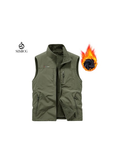 Erkek Polar Astarlı Yelek, Açık Hava İş Giyim, Çok Cepli Yelek, Omuz Koruyucu, Sıcak Kolsuz Ceket Yeşil