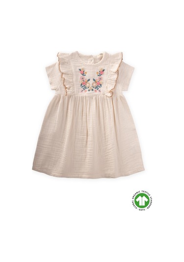 Cigit Etnik Süzene Nakışlı Organik Elbise 1-7 Yaş Naturel Krem