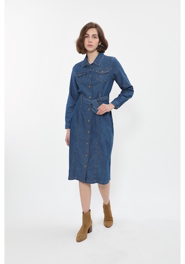 Banny Jeans Kadın Önden Düğmeli Kemerli Jean Elbise Koyu Mavi