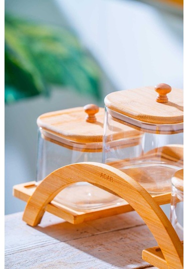 Acar Malibu Bambu Standlı 3 Lü Borosilikat Cam Baharatlık Seti Ahşap