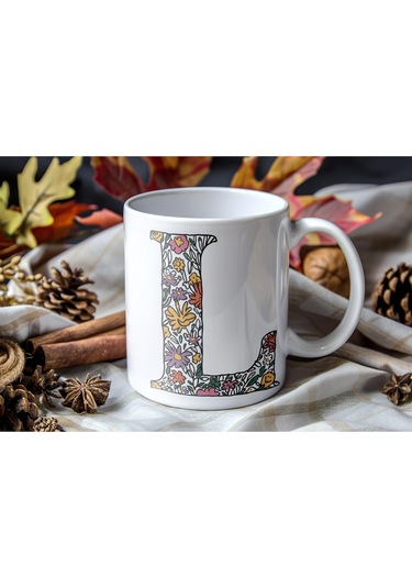 L Baş Harf Çiçek Desenleri İle Natural Tarz Kupa Bardak - Kişiye Özel Çiçekli Kahve Çay Bardak - Beyaz