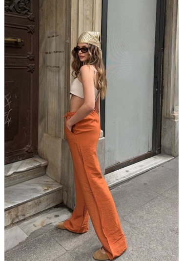 Pembe Keten Karışımlı Bol Kesim Pantolon Kiremit