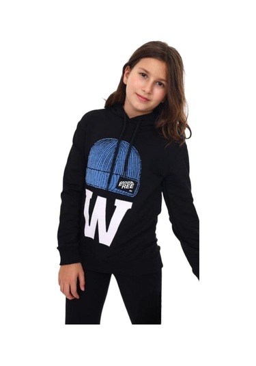 Çocuk Bere Baskılı Ve İşlemeli Kapüşonlu Sweatshirt-13410-siyah Siyah