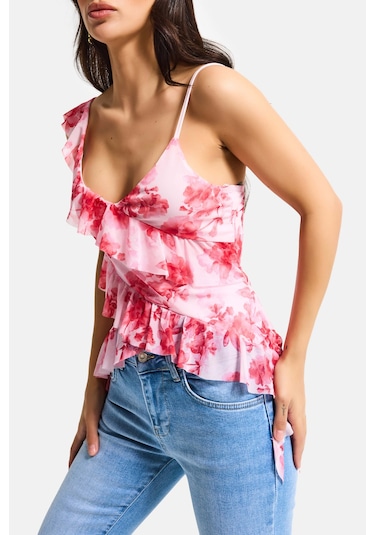 Itsbasic Kadın Pembe Baskılı S6 Çiçek Desen-7 Asimetrik Kesim Askılı Bluz