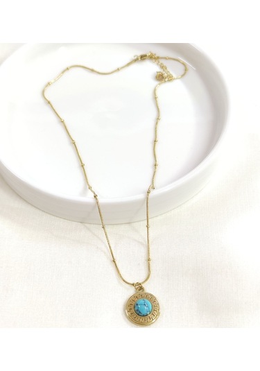 Çelik Mavi Taşlı Yuvarlak Kolye 40+5 Cm Beyaz