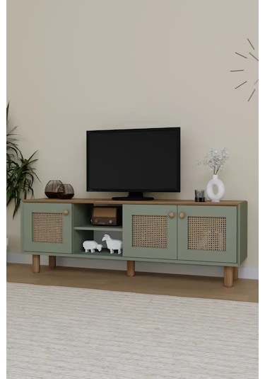 Bohem Serisi Natura Yeşil Pvc Hasır Desen Tv Ünitesi Yeşil