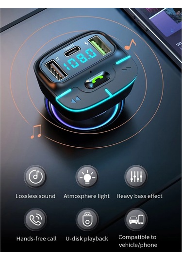 Araba Bluetooth Mp3 Çalar Ortam Işığı Şarj Cihazı Siyah