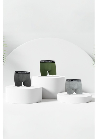 Franco Renzo Erkek 3 Lü Premium Kutu Likralı Boxer Haki - Gri - Antrasit Çok Renkli