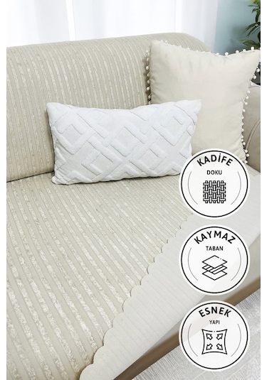 Kaymaz Taban Süngerli Kadife Koltuk - Çekyat Örtüsü 170x210 - Kre Krem