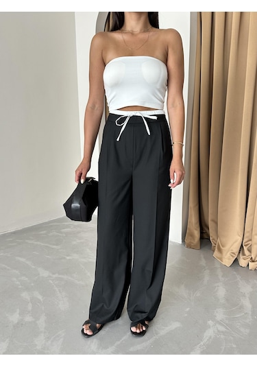 Siyah Bel Bantı Detaylı Yan Fermuarlı Pantolon Siyah