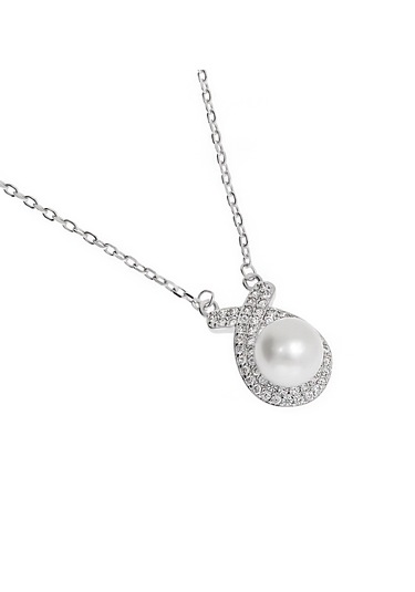 Kadın İnci Detay Taşlı Gümüş Kolye Gümüş