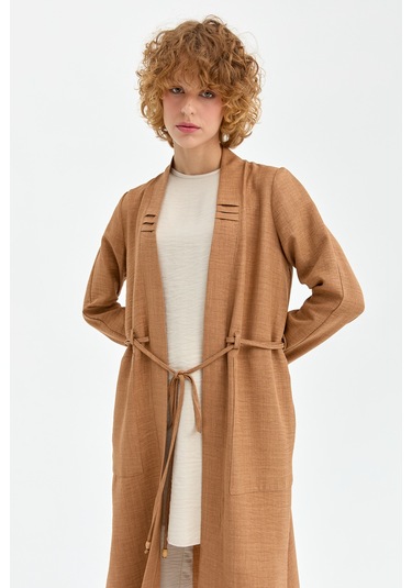 Bağcık Detaylı Tunik Ceket Pantolon Takım Camel Kahverengi