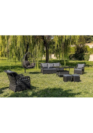 Btkconsept Lupa Eslem Rattan Bahçe Mobilyasi 3+1+1 Puf Ve Salıncak " Masali Antrasit Gri
