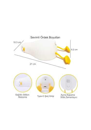Hymark Sevimli Silikon Dokunmatik Led Ördek Gece Lambası Şarjlı K Beyaz