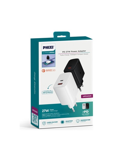 Phixi Ultimate UPD4325 27 W PD Usb-C Çift Çıkışlı Hızlı Şarj Adaptörü