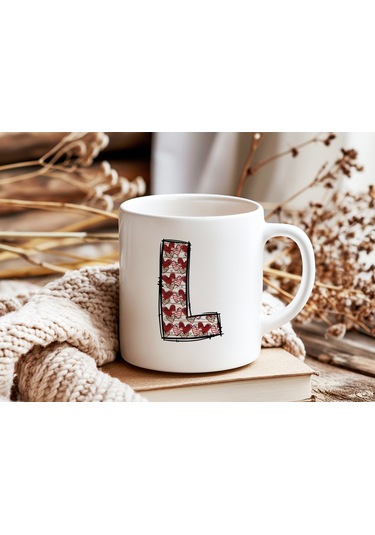 L Harfi Aşk Temalı Kupa - Kalp Desenli Kişiye Özel Romantik Sevgililer Günü Kahve Kupası Beyaz