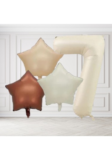7 Yaş Retro Krem Bej Kahverengi Yıldız Folyo Balon Seti Krem Rakamlı Doğum Günü Şık Parti Süsleme Çok Renkli