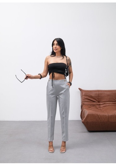 Dekorati F Düğmeli Arka Bel Lasti Kli Pantolon Gri