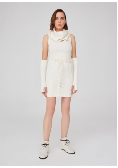 Peraluna Saç Örgü Desenli Kadın Triko Etek Ekru