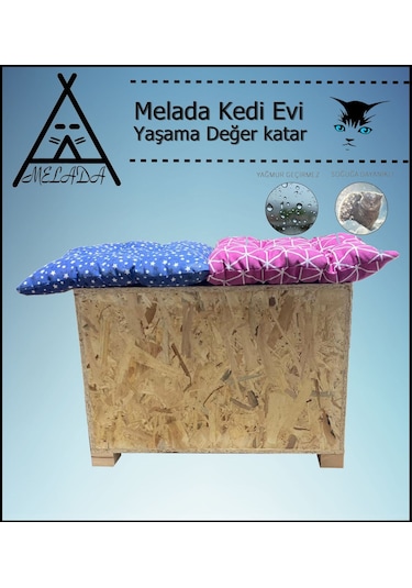 Melada Kedi Evi Dış Ortam Uygun Ahşap Kedi Evi Double Osb Minderli 61x41x36 Cm