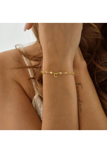 Queen Silver Jewelry 925 Ayar Gümüş Harf Bileklik Beyaz Zirkon Taşlı Tamtur Altın