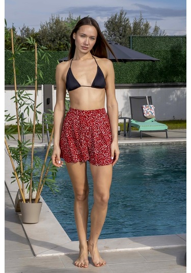 Kırmızı Çiçek Desenli Şortlu Etek - Kırmızı