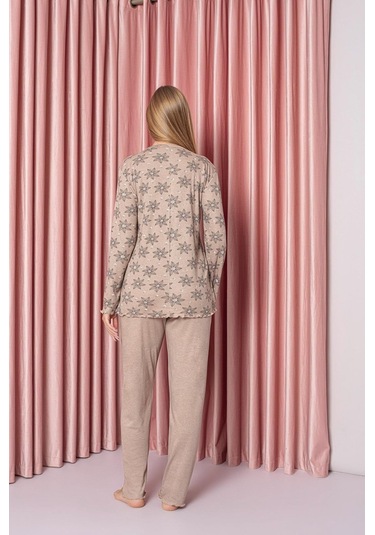 Kadın V Yaka Puantiye Desen Bambu İnterlok Anne Pijama Takımı P5046-vizon Vizon