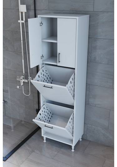 Makbulce Nergiz Beyaz Ve Renkli Kirli Çamaşır Sepetli Çok Amaçlı Banyo Dolabı Beyaz