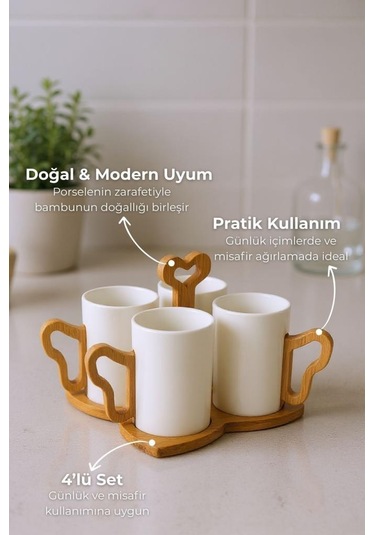 Bambum Fugu - Bambu Standlı 4'lü Kupa Seti Beyaz
