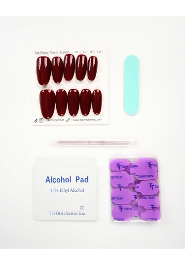 15'li Kırmızı Kısa Oval Tt0559 Tekrar Kullanılabilir El Yapımı Protez Takma Tırnak L