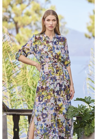 Monamise Kadın Desenli Ve Yırtmaçlı Önü Düğmeli Gömlek Yaka Elbise 25048 Mor