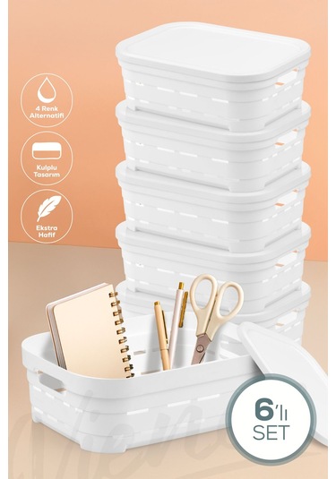 Vienev 6'lı Kapaklı 2,8 Litre Delikli Saklama Kutusu Beyaz Beyaz
