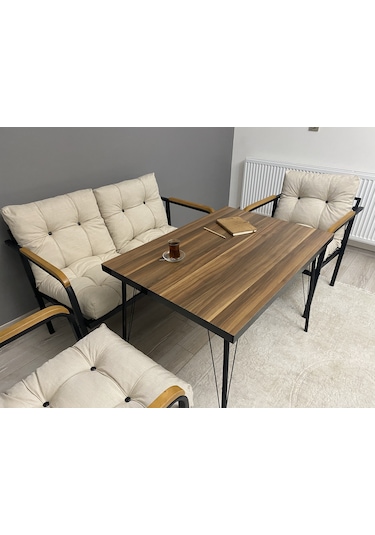 Modern Mars Balkon, Bahçe, Cafe - Metal Kanepe Koltuk Takımı - 2+1+1 + Masa Krem Modernsh34 Krem