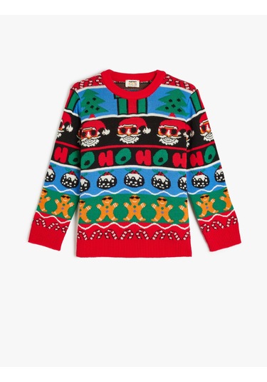 Koton Yılbaşı Kazağı Noel Baba Desenli Bisiklet Yaka Uzun Kollu Multıcolor 5wkb90011tt Mavi