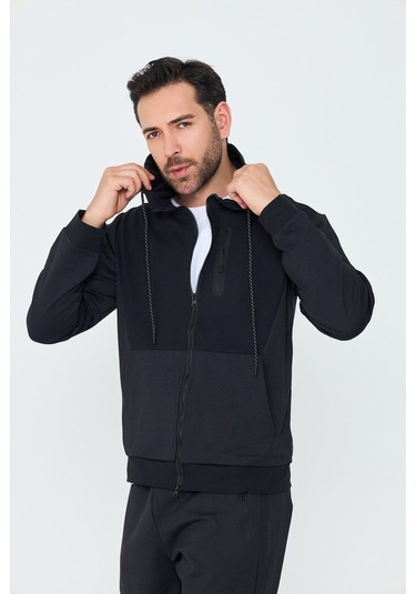 White Stone Siyah Kapüşonlu Fermuarlı Erkek Sweatshirt