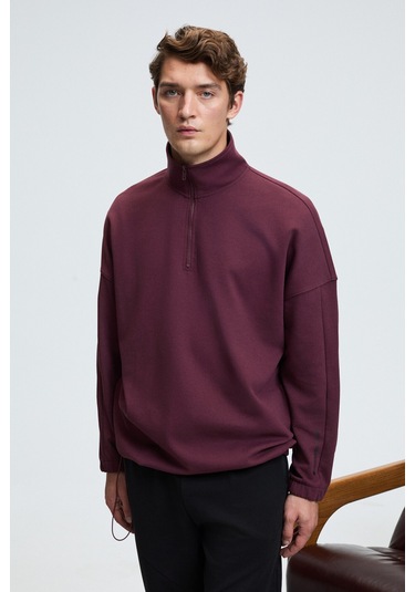 Grimelange EDISON Erkek Yarım Fermuarlı Kolu Baskılı Dik Yaka Bordo Sweatshirt
