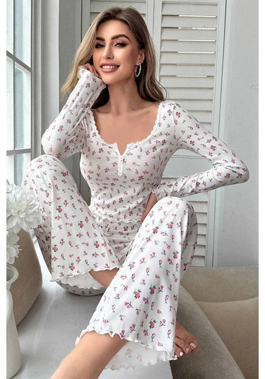 Merry See Çiçek Desenli Uzun Kollu Pijama Takımı Beyaz