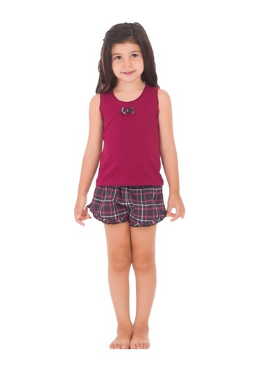 The Don Aile Bordo Ekose Desenli Kız Çocuk Şort Takımı (9-14 Yaş)