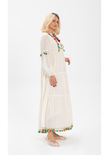 Uzun Kol Şile Bezi Iffet Uzun Elbise Krem