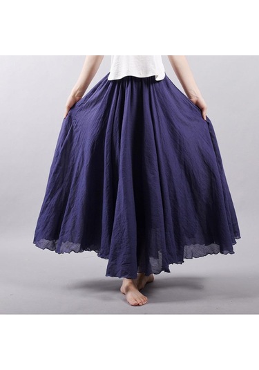 Kadın Zarif Yüksek Bel Keten Maxi Etek Yaz Bayanlar Rahat Elastik Bel 2 Katmanlar Etekler Saia Feminina Lacivert