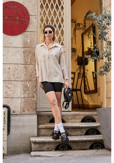 Kadın Likrasız Keten Kumaş Yakalı Cepli Düşük Omuzlu Salaş Oversize Tunik Gömlek-bej Bej